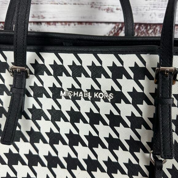 Michael Kors Black And White Houndstooth Large Tote Purse Shoulder Bag CLEAN - Picture 2 of 14